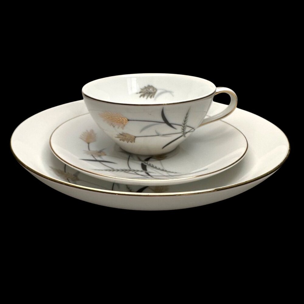 Bel-Air China Golden Grain Tea Cup Saucer Plate Trio Wheat Design Gold Trim Vint